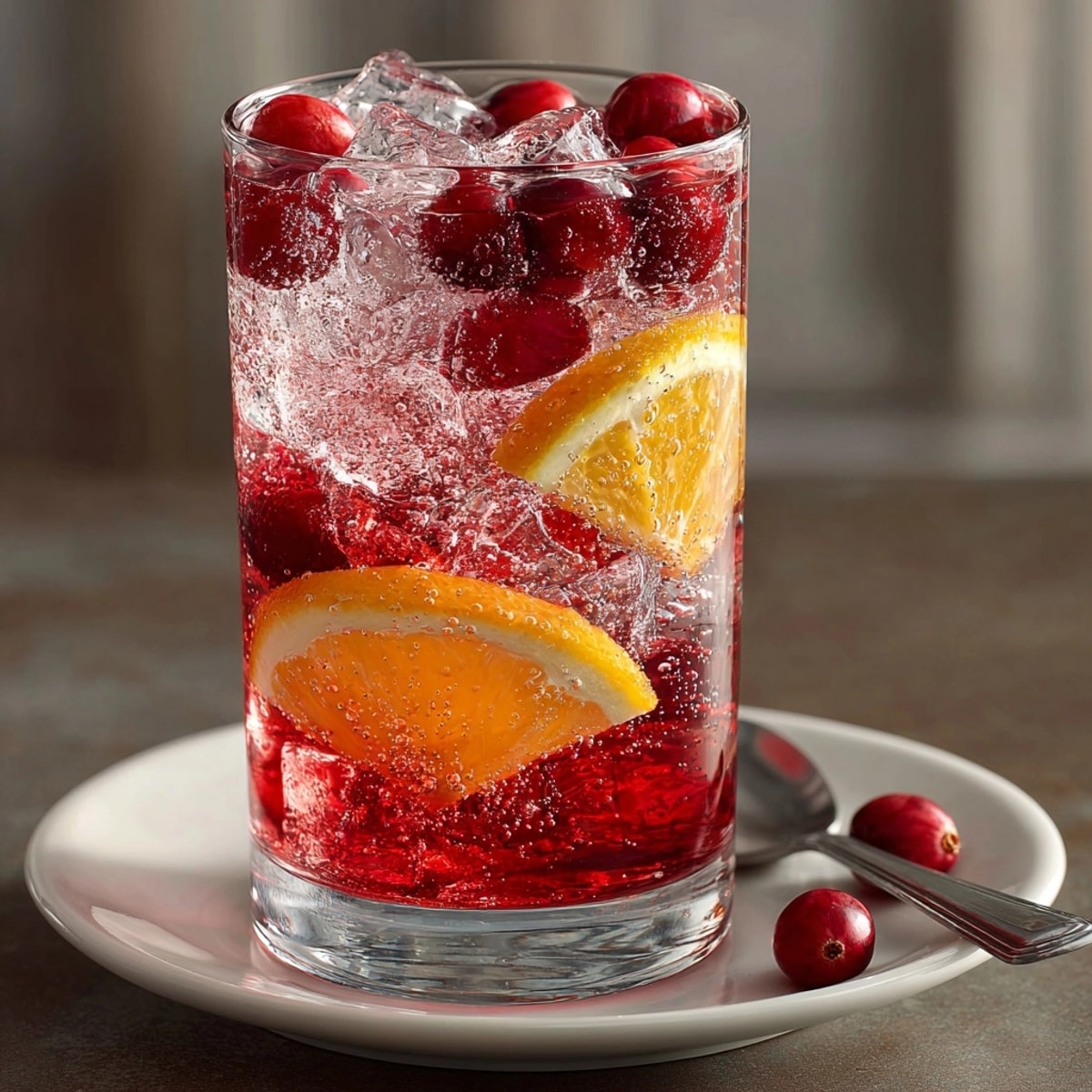 Refreshing homemade Sparkling Cranberry Citrus Cooler, garnished with sugared cranberries and orange slice.