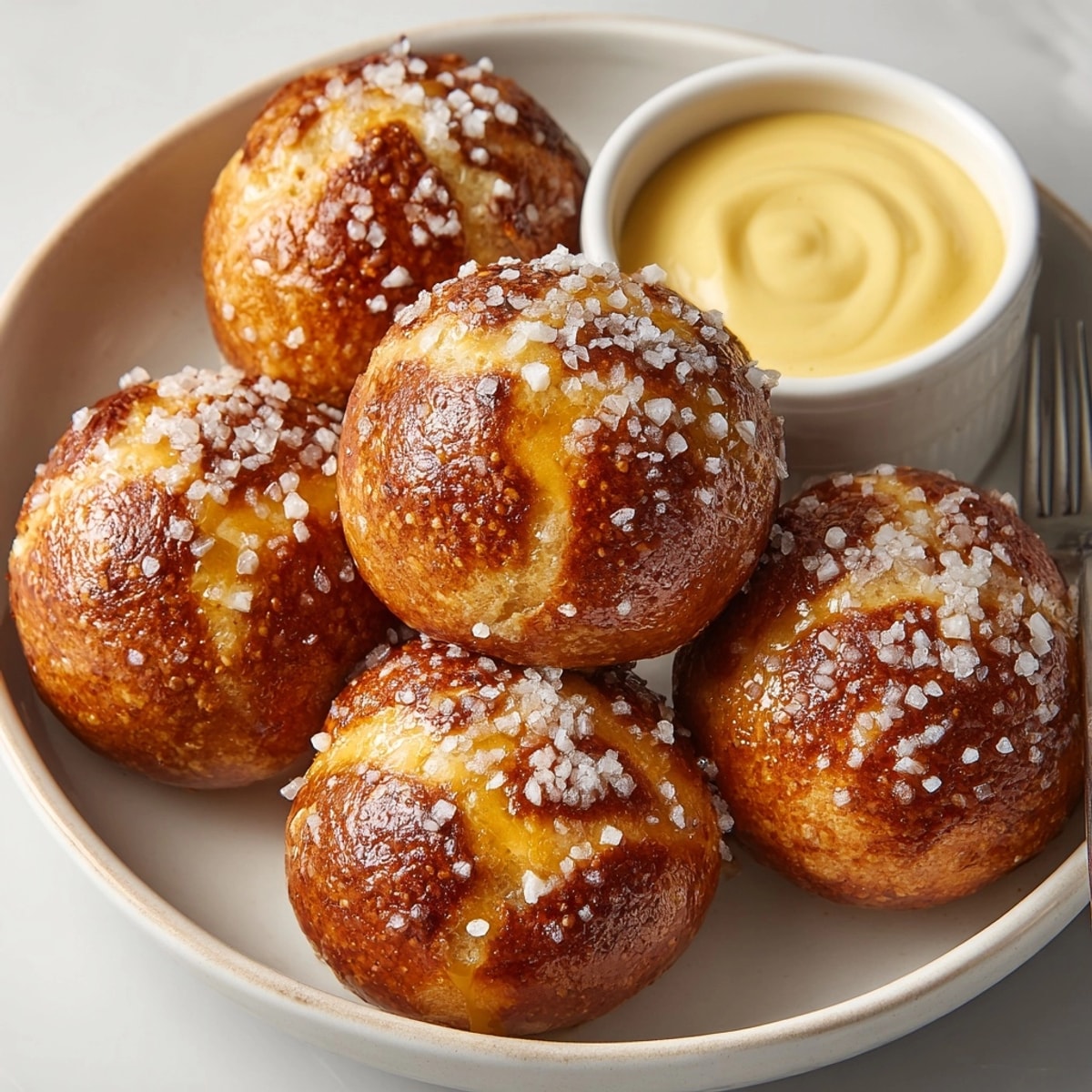 Golden brown Cheddar Pretzel Bites, warm from the oven, served with honey mustard.