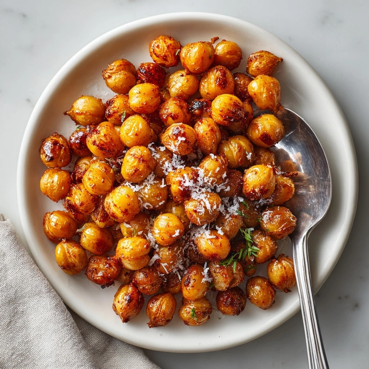 Crispy, spicy roasted chickpeas recipe: golden-brown and seasoned with chili powder, a savory snack.
