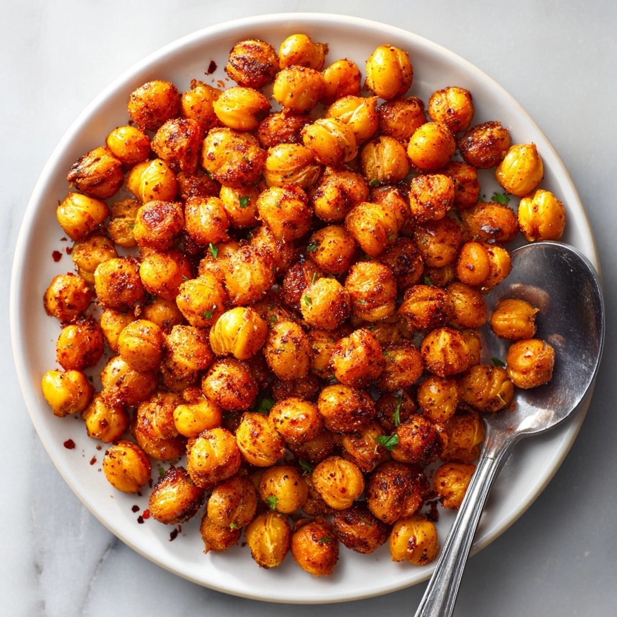 Easy spicy roasted chickpeas recipe: See the texture with paprika coating for a flavorful crunch.