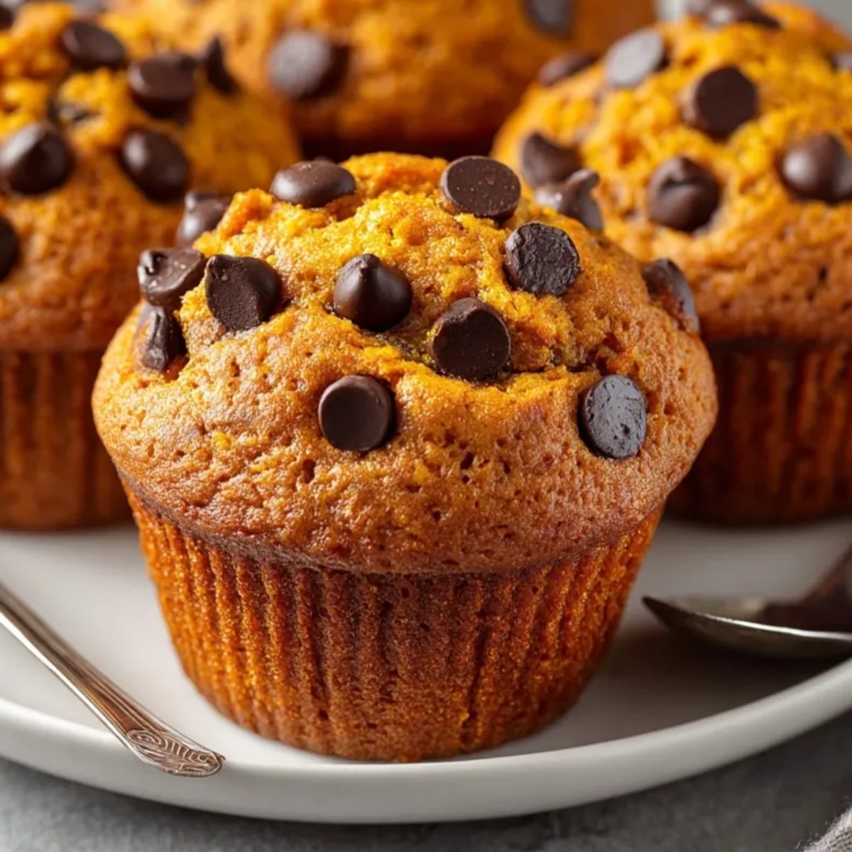 Golden Pumpkin Chocolate Chip Mini Muffins, fresh from the oven, warm and fragrant.