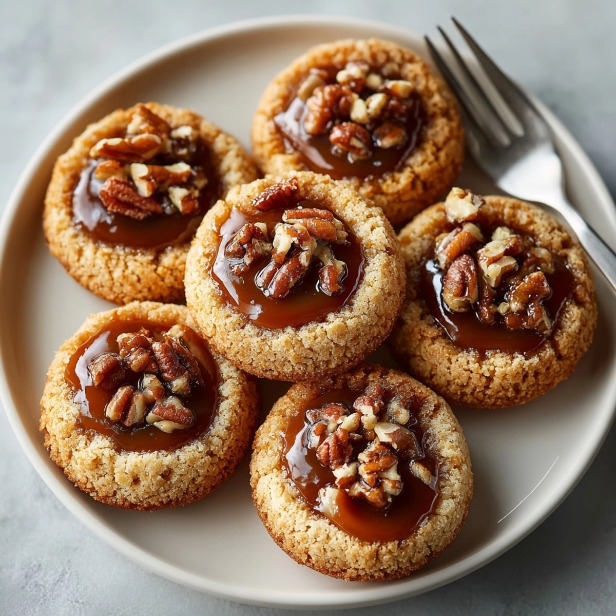 Close-up of warm, delicious Caramel Pecan Thumbprint Cookies, showcasing the rich caramel filling.