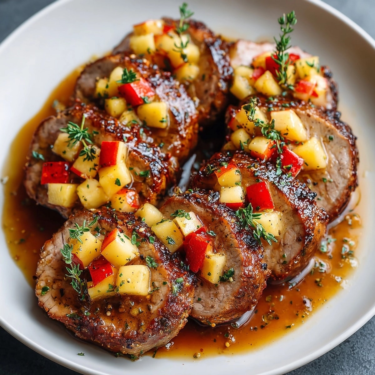 Juicy Apple Cider Glazed Pork Tenderloin, glistening with a sweet and savory glaze.
