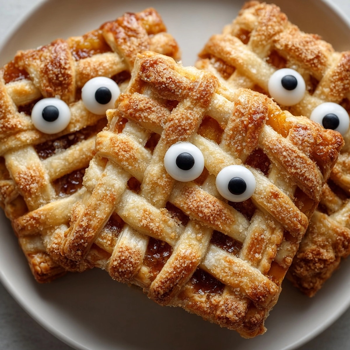 Golden Mummy Pumpkin Hand Pies fresh from the oven, spiced filling oozing slightly.