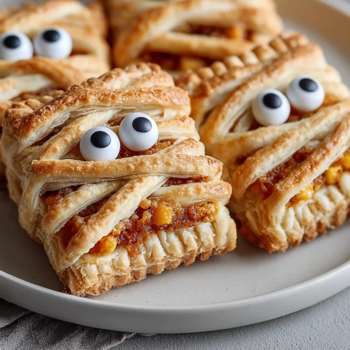 Flaky Mummy Pumpkin Hand Pies baking on a tray, ready for candy eyes.