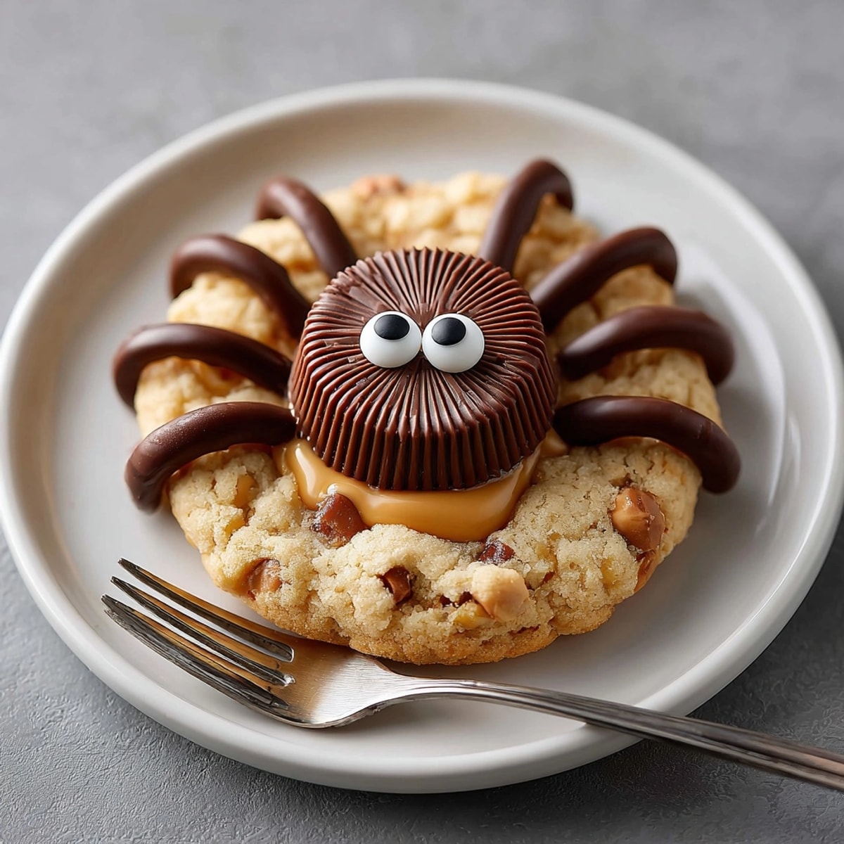Warm, freshly baked Peanut Butter Spider Cookies cooling on a wire rack, Halloween baking fun.