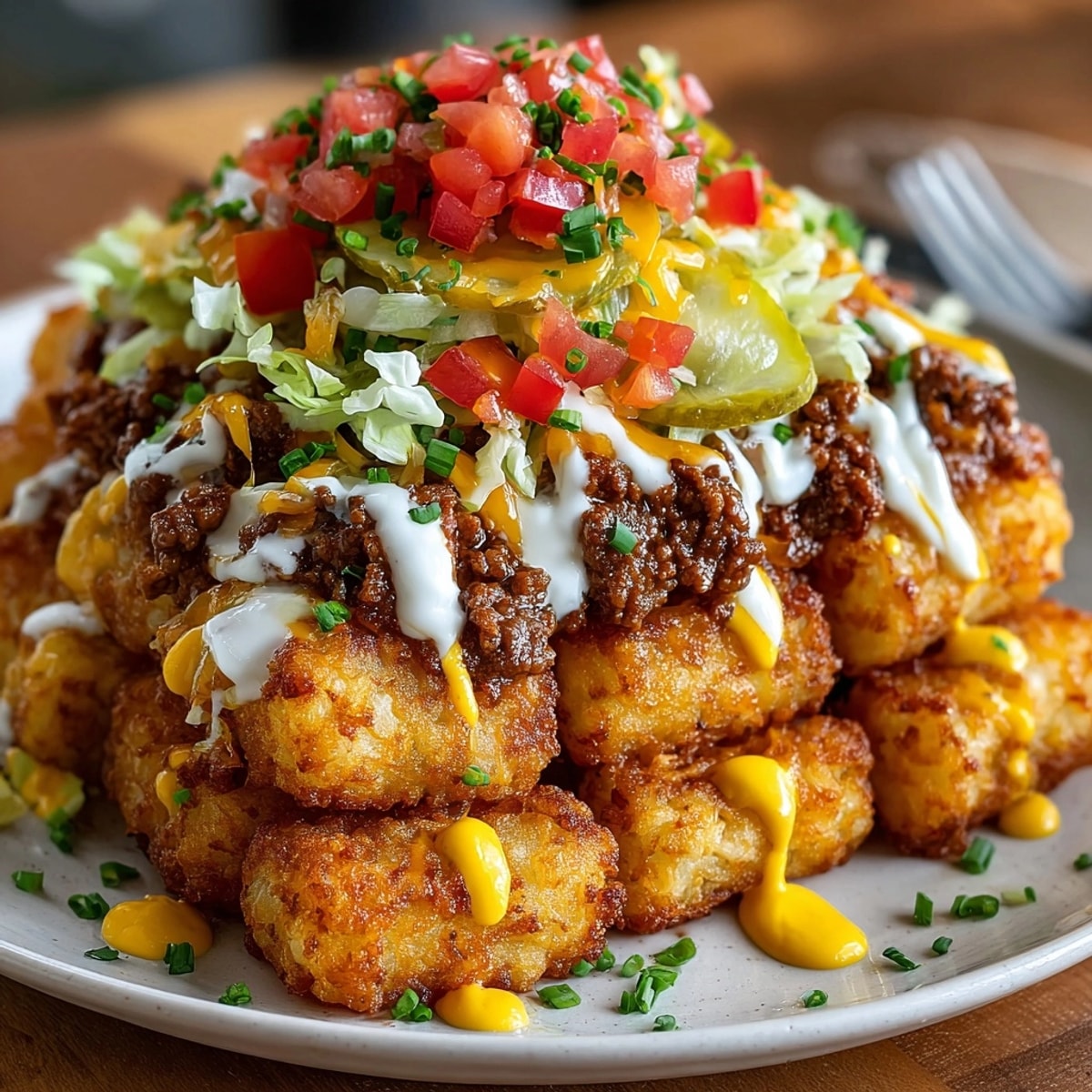 Crispy Vegan Cheeseburger Tater Tots topped with melty cheese and fresh, vibrant toppings.
