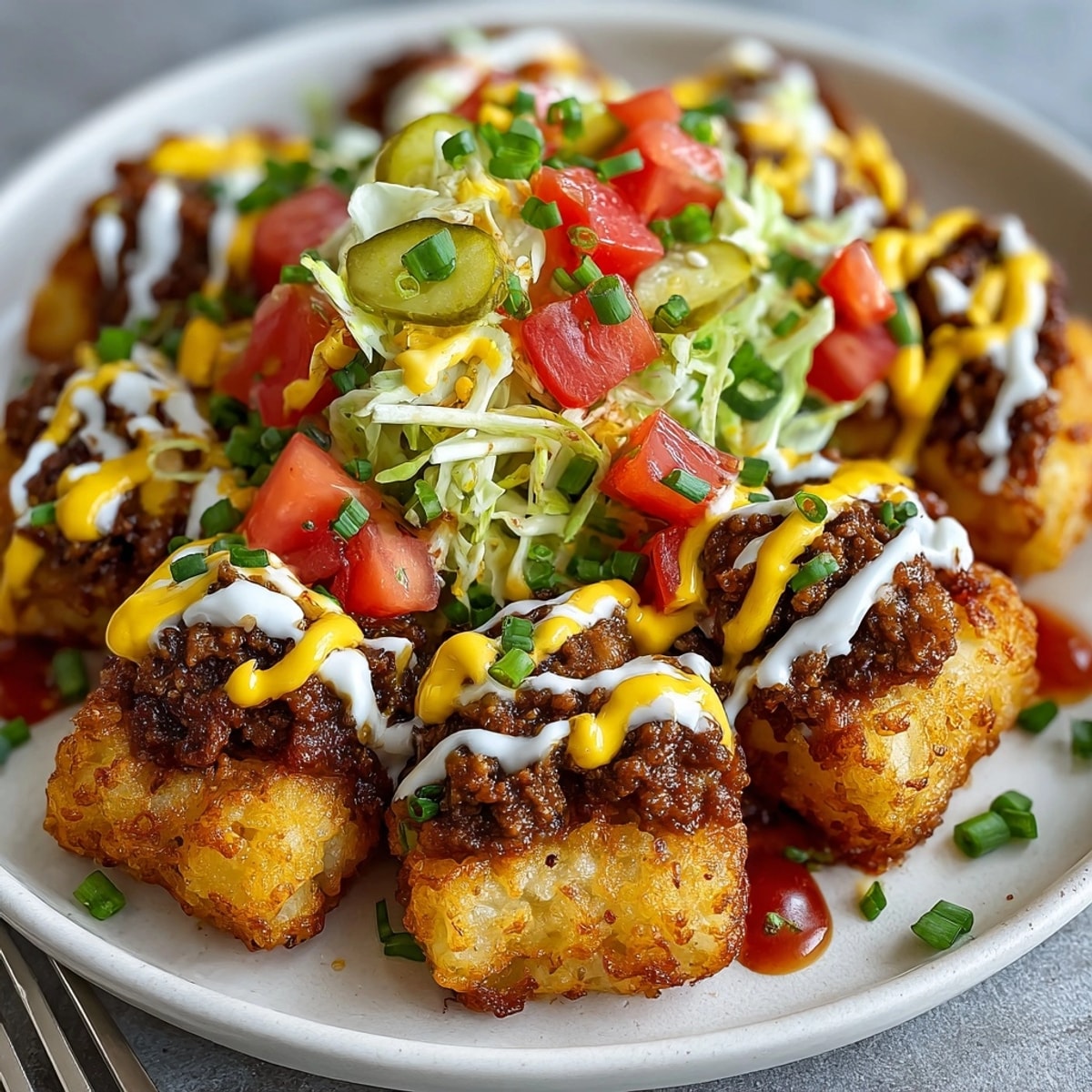 Golden brown Vegan Cheeseburger Tater Tots loaded with plant-based beef and creamy sauce.