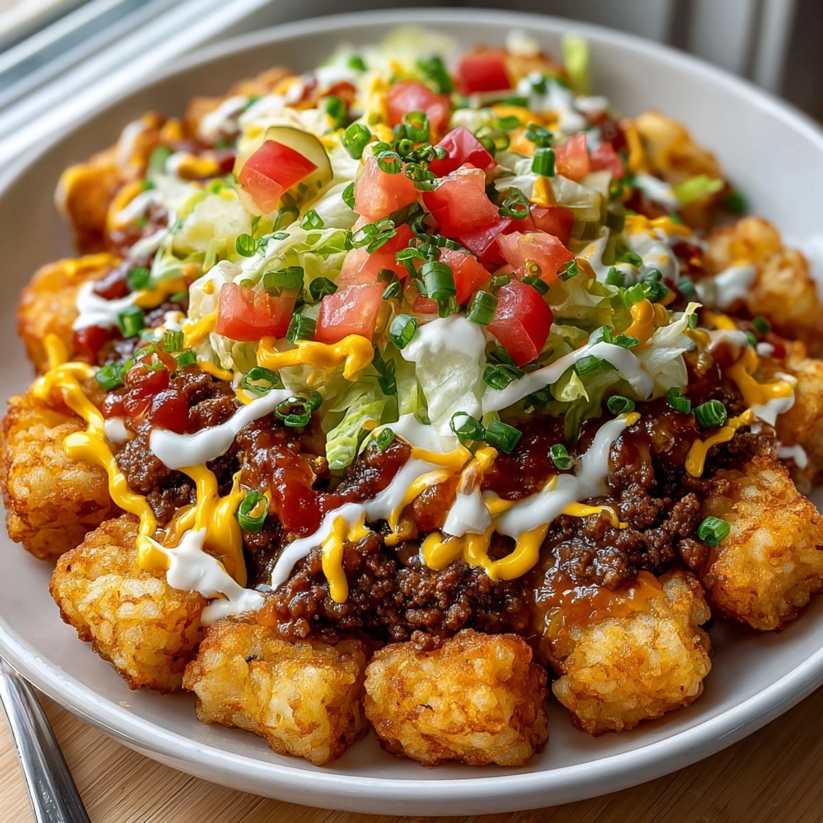 Close-up of savory, comforting Vegan Cheeseburger Tater Tots, ready for a crowd-pleasing bite.