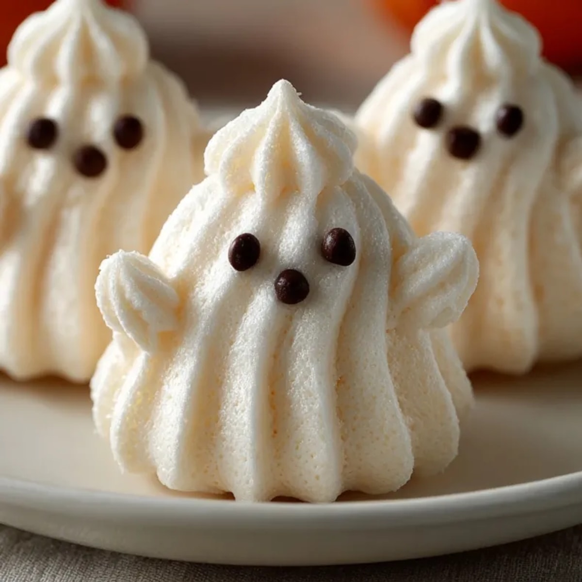 Close-up of airy, vanilla-flavored Ghost Meringues, baking sheet ready for a Halloween party.