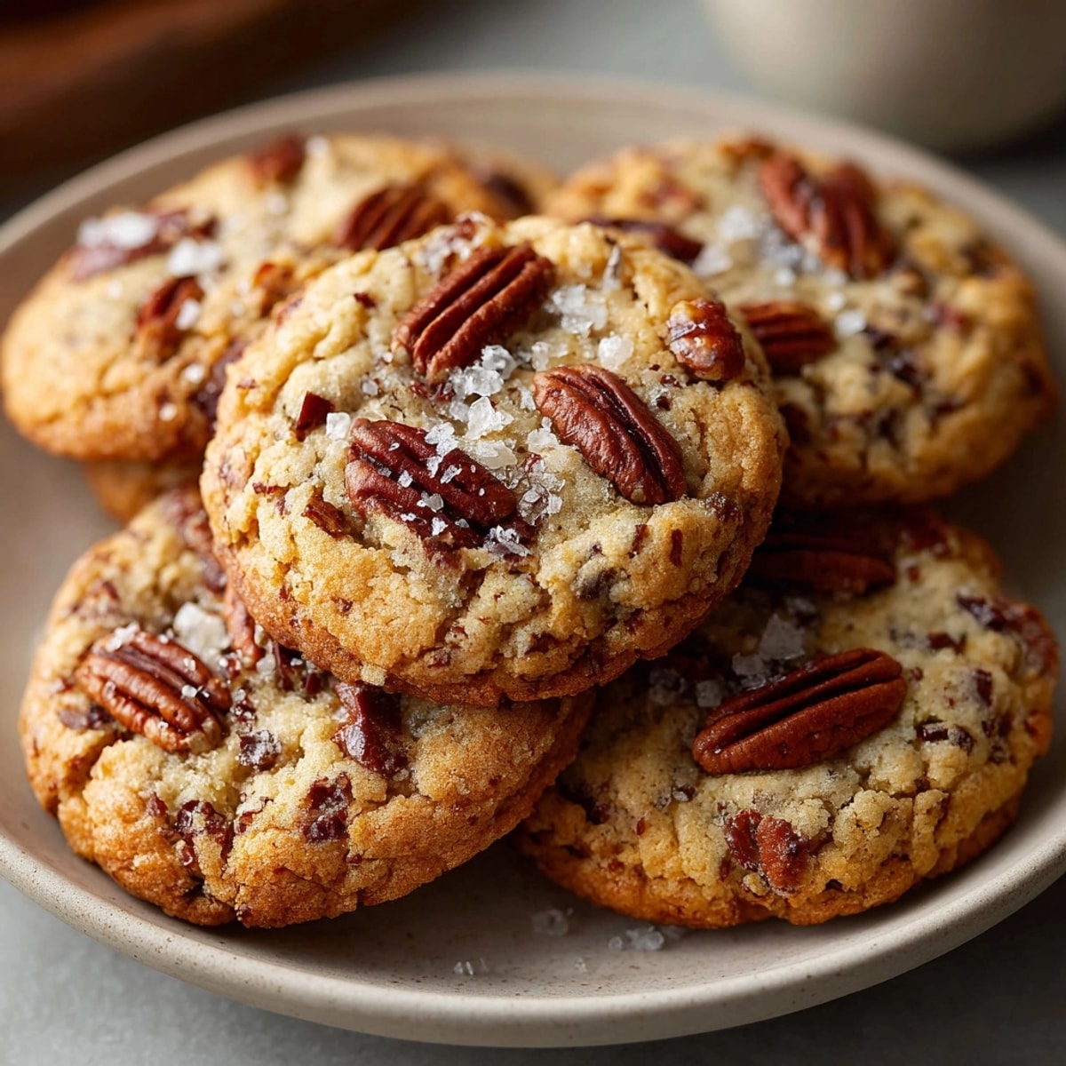 Homemade **brown butter pecan cookies** plated, paired with a glass of cold milk—a comforting dessert.