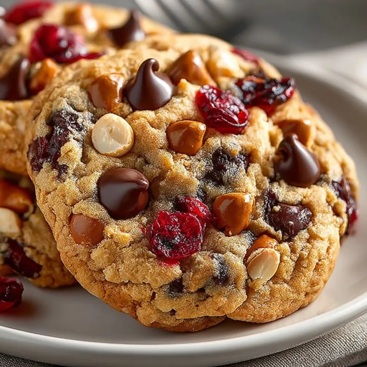Golden-baked Trail Mix Cookies with Pretzels & Chocolate, dotted with chocolate and salty pretzels for a delightful crunch.