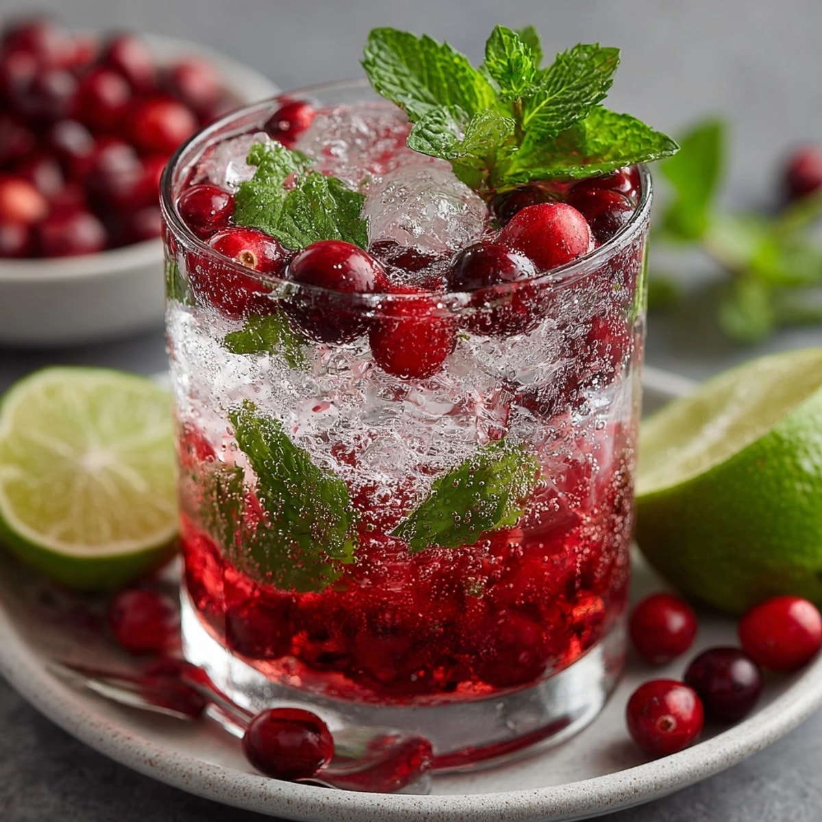 Festive Sparkling Cranberry Mojito Mocktail garnished with cranberries and lime, ready to enjoy.