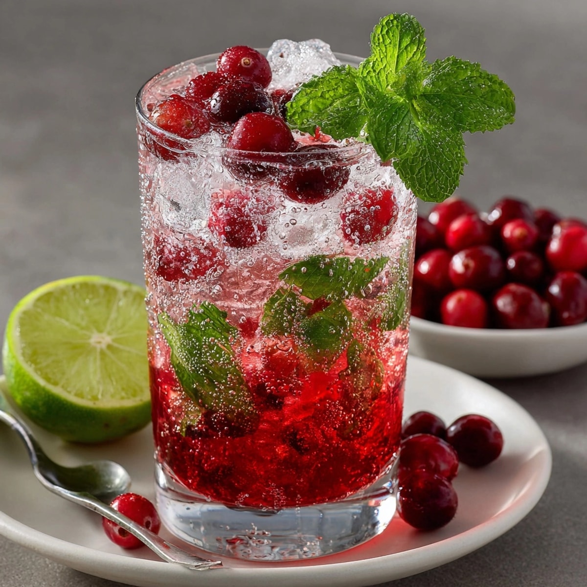 Icy Sparkling Cranberry Mojito Mocktail with muddled mint, perfect non-alcoholic holiday beverage.