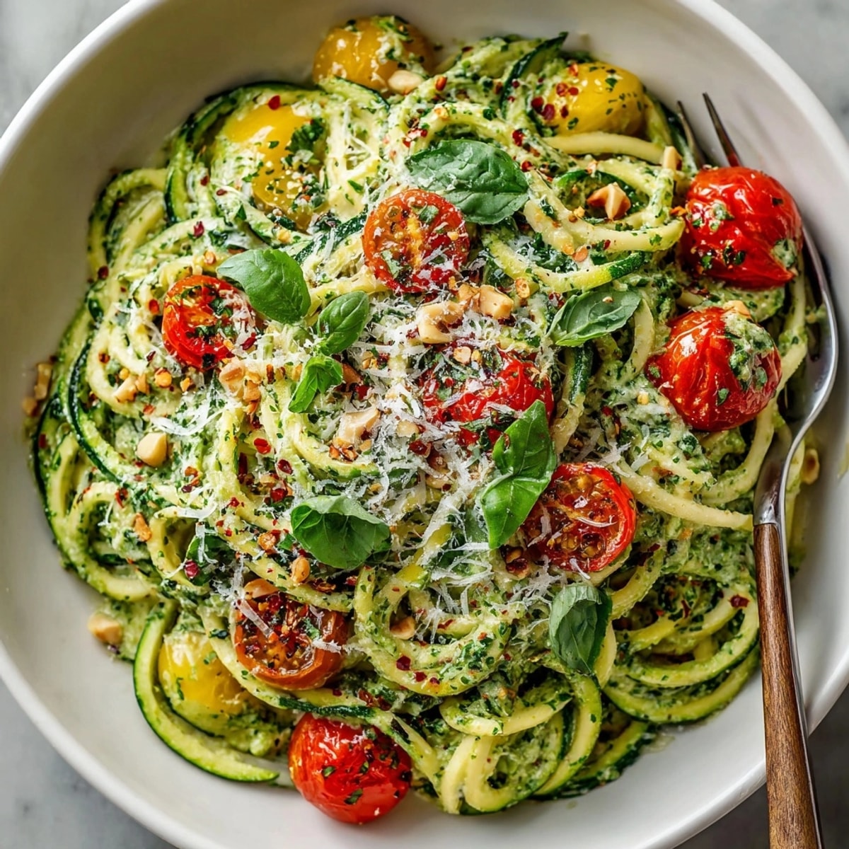 Creamy Avocado Pesto Zoodles: Spiralized zucchini glistens coated in bright green, flavorful homemade pesto.