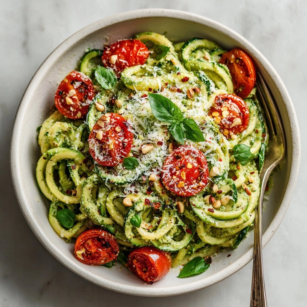 Delectable Avocado Pesto Zoodles, quickly sauteed for a low-carb, Italian-inspired meal ready to eat.
