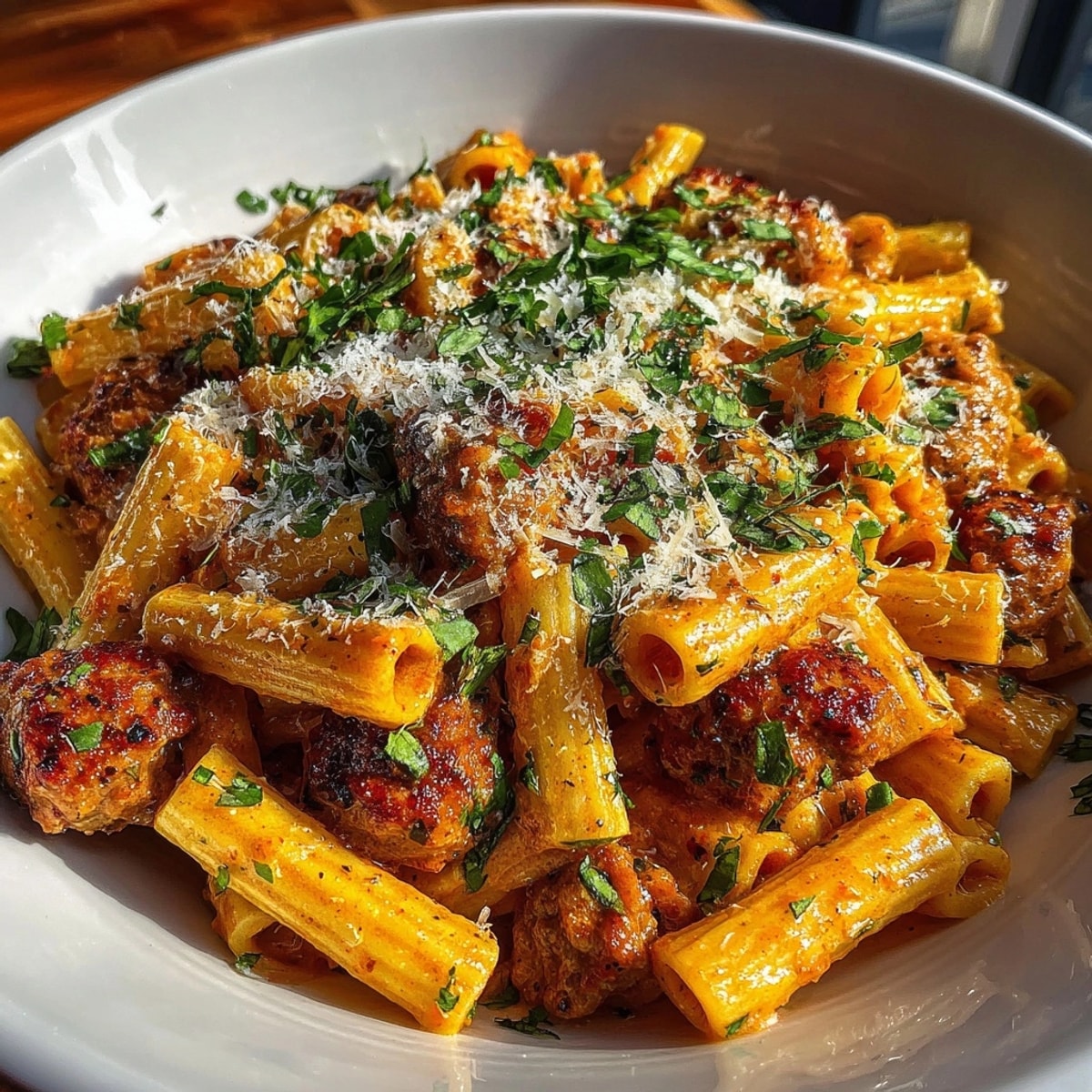 Creamy Vodka Penne with Sausage, aromatic spices, grated cheese, and fresh basil garnish.