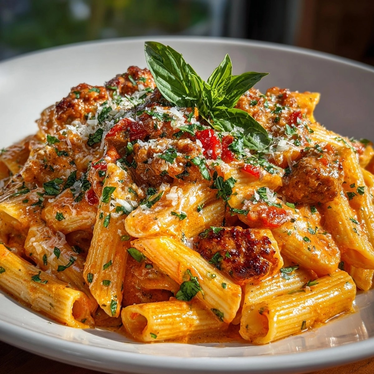 Homemade Vodka Penne with Sausage, cooked al dente, perfect for a weekend Italian meal.