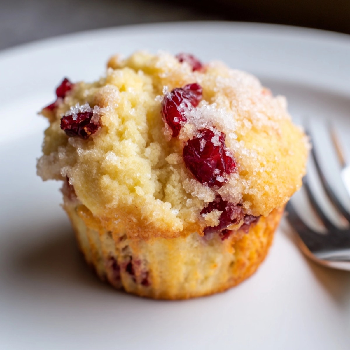 Close-up of a moist Cranberry Orange Muffin with visible cranberries and sparkling sugar.