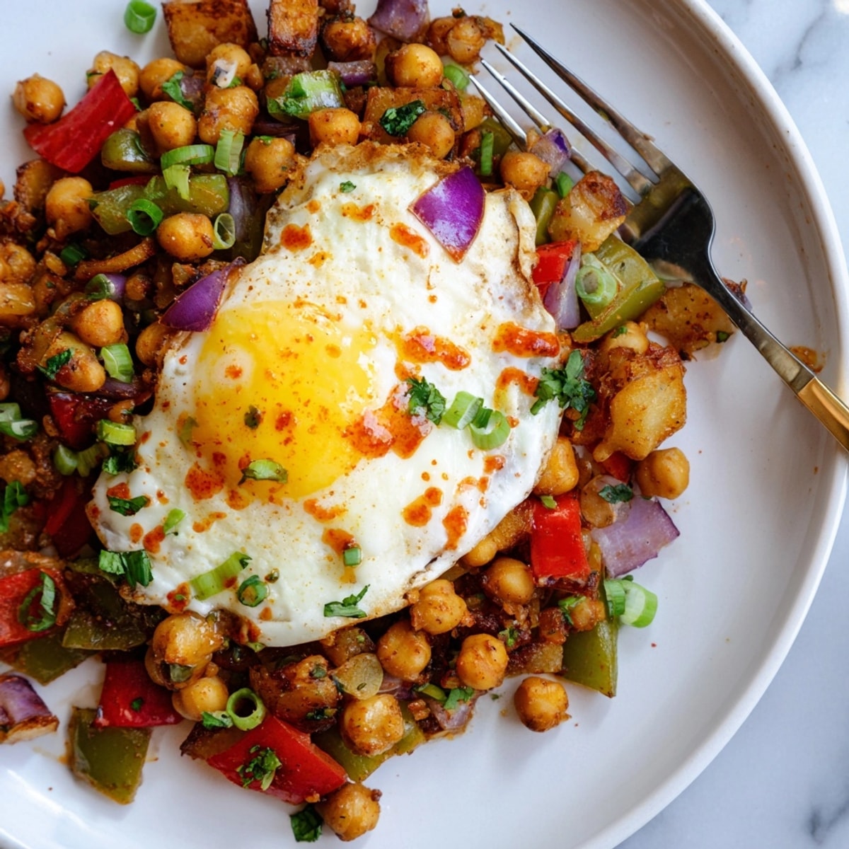 Golden-brown Cajun Chickpea Breakfast Hash sizzles in the pan, a spiced, hearty vegetarian meal.