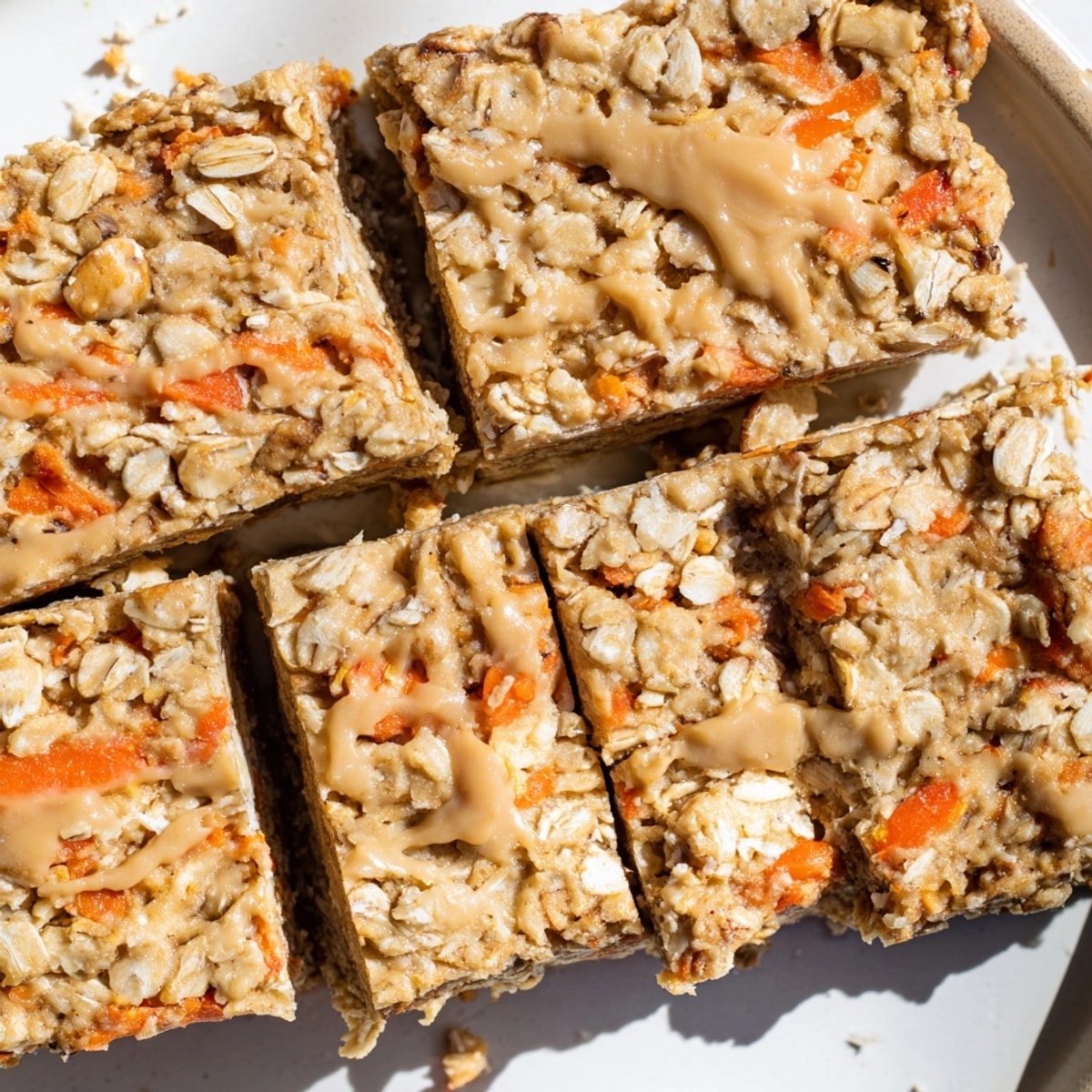 Close-up of sliced Peanut Butter Carrot Cake Oat Bars, speckled with carrots and nuts.