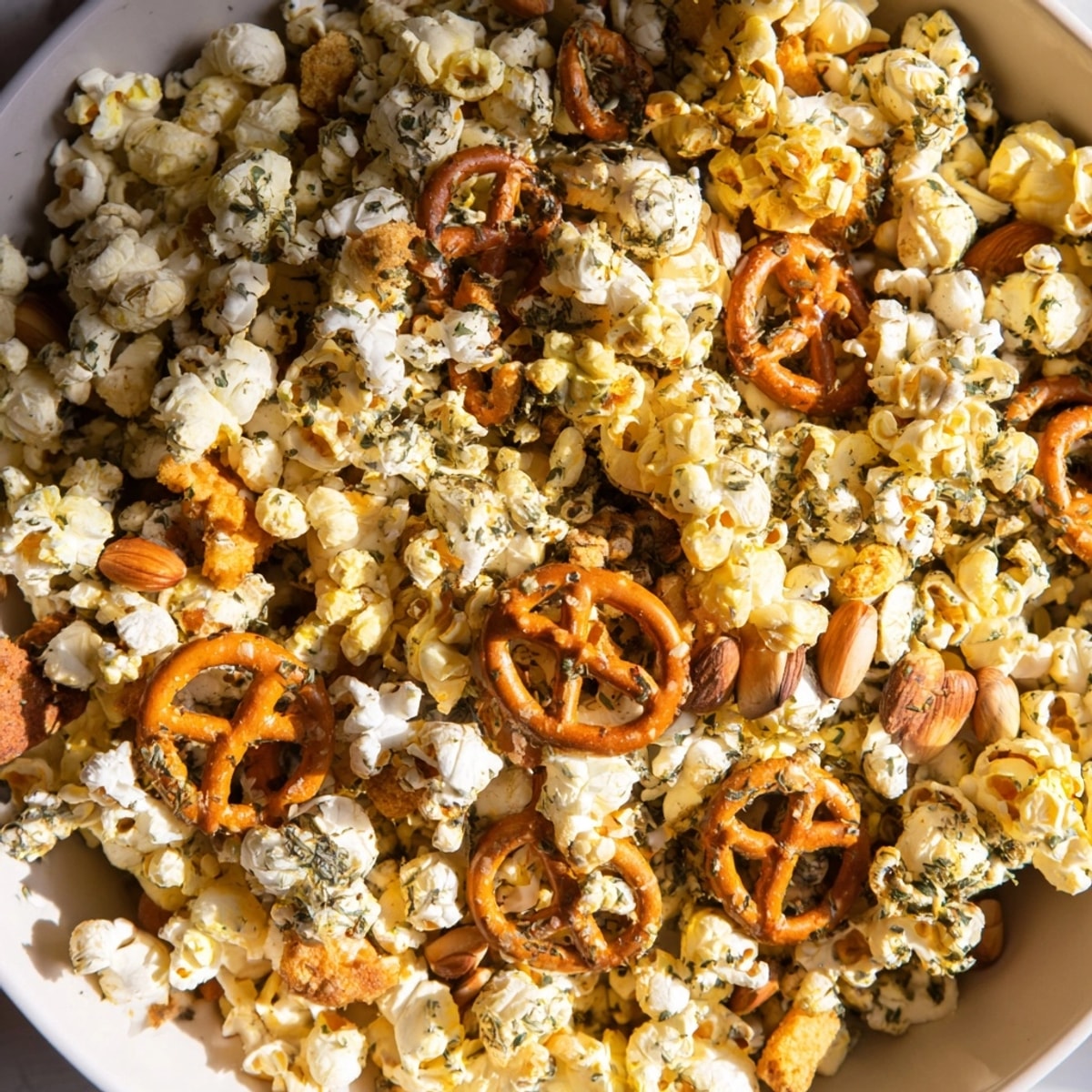 Golden Garlic Herb Popcorn Snack Mix, irresistibly fragrant and savory after a butter drizzle.