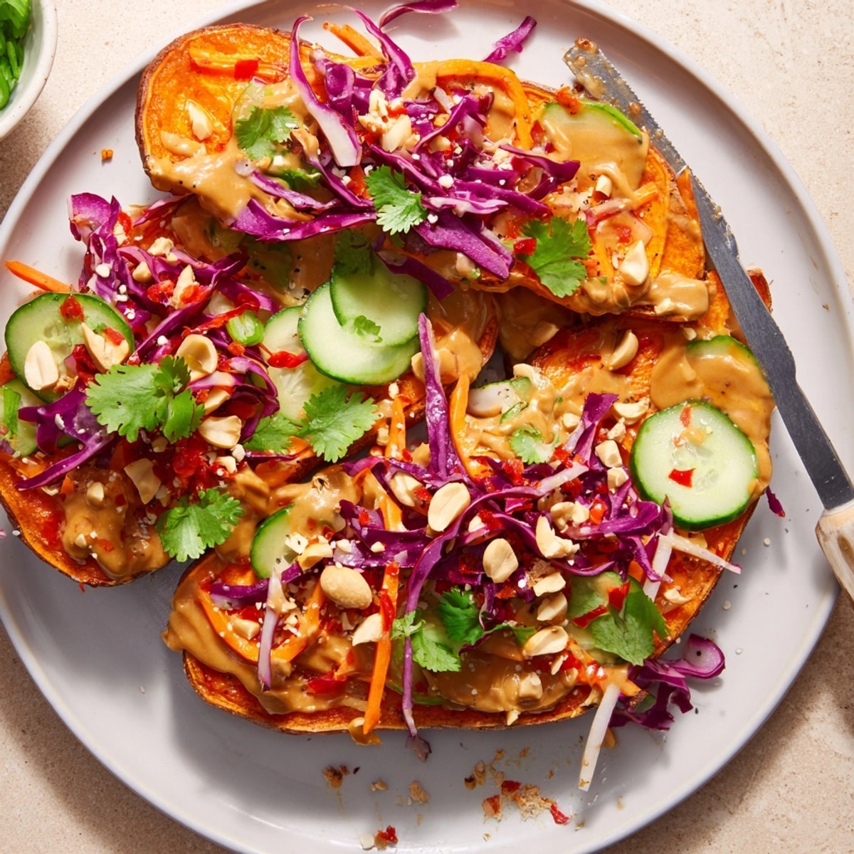 Roasted sweet potato slices become Thai Peanut Sweet Potato Toast piled with fresh veggies.