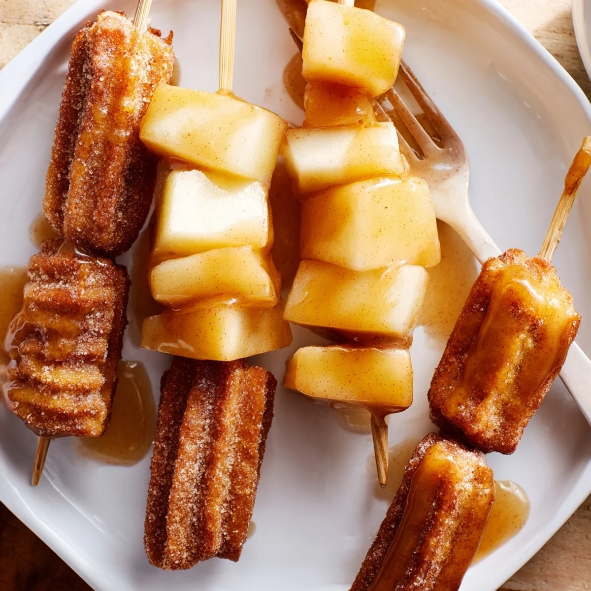 Crispy caramel apple churro skewers topped with cinnamon sugar ready for dessert.  