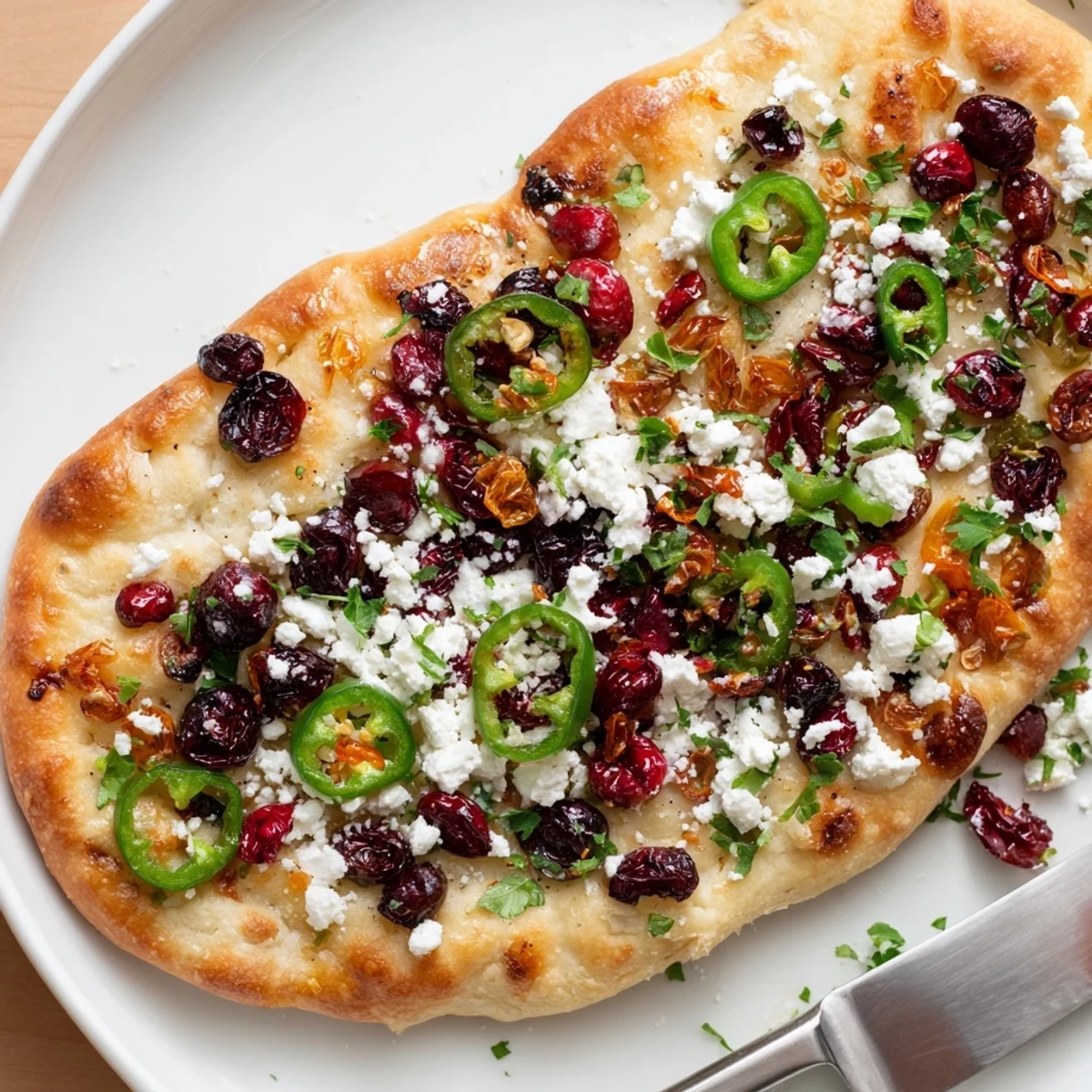 Golden-brown Ginger Cranberry Jalapeño Flatbread topped with vibrant cranberries and spicy jalapeños.