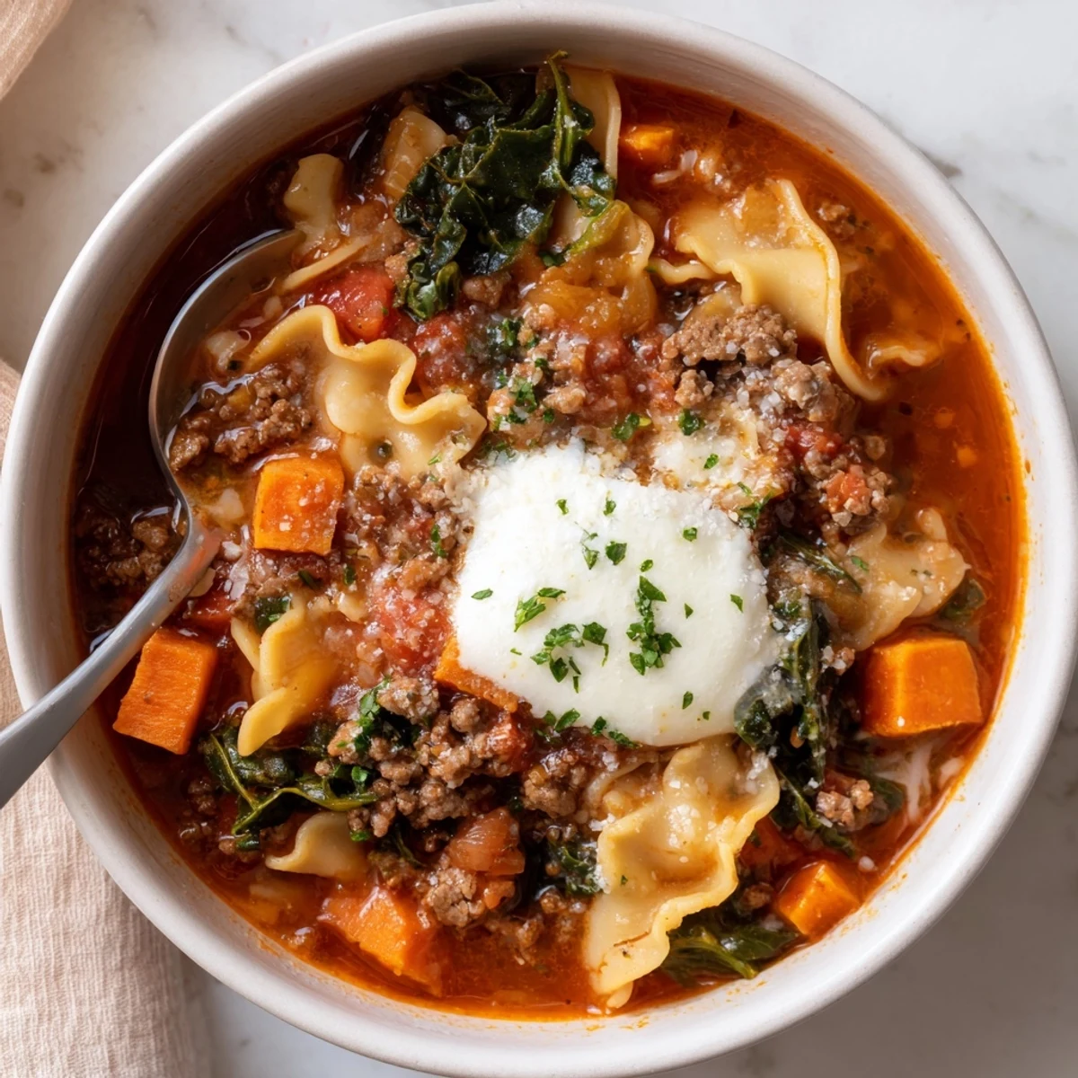 Hearty Lasagne Soup topped with creamy cheese, served with sweet potato fries.  