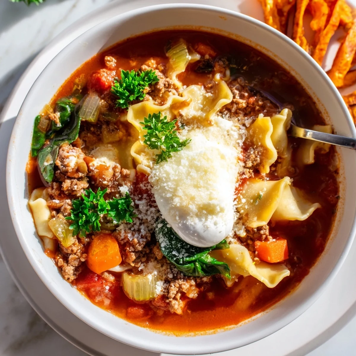 Warm, comforting Lasagne Soup with rich flavors and crispy sweet potato fries.  