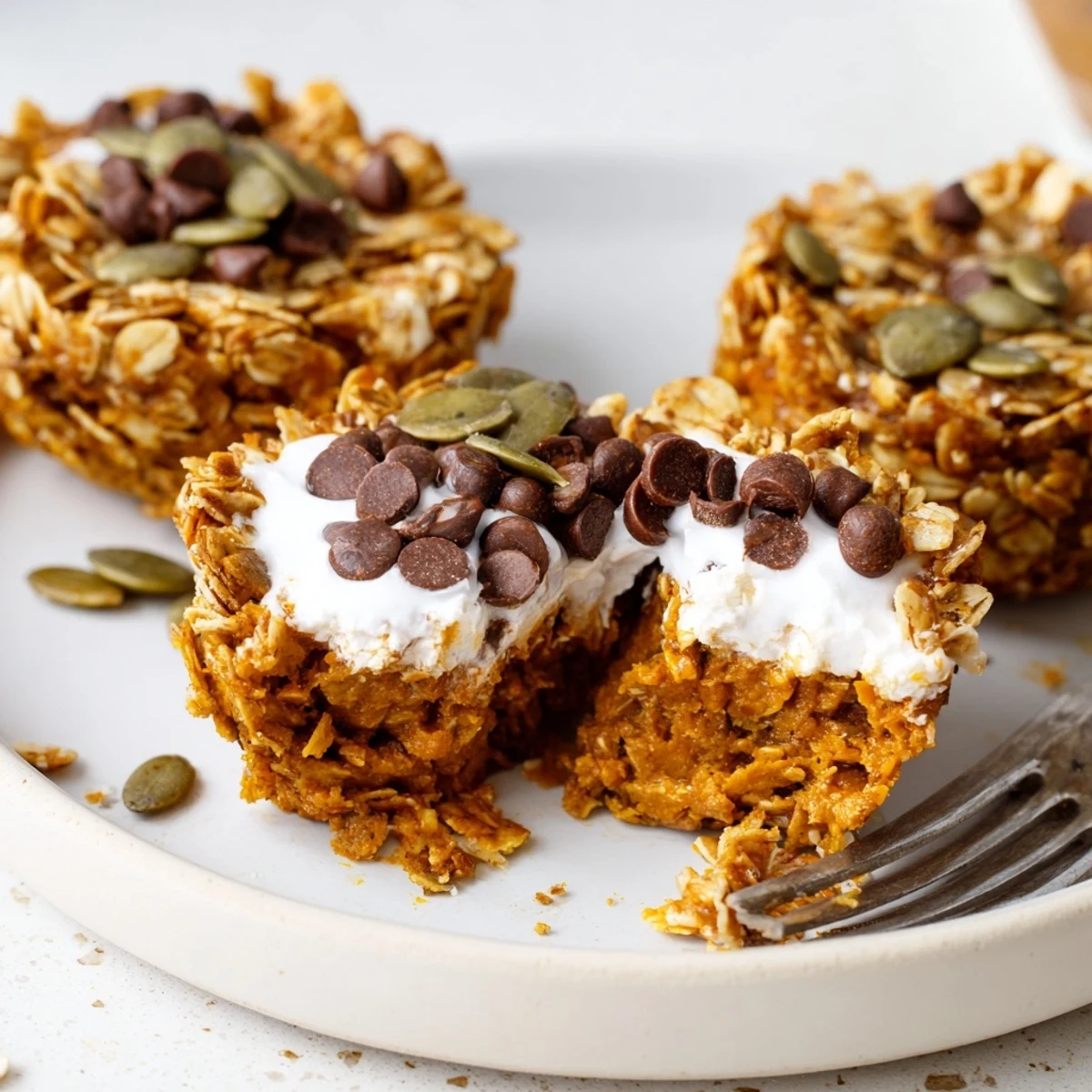 Sweet and spiced Pumpkin Muffin Granola Cups served with a drizzle of maple syrup.  