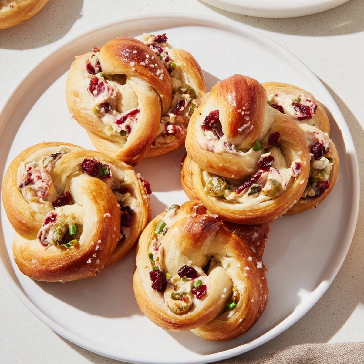 Soft pretzel twists bursting with creamy cranberry jalapeño dip, perfect for snacking.  