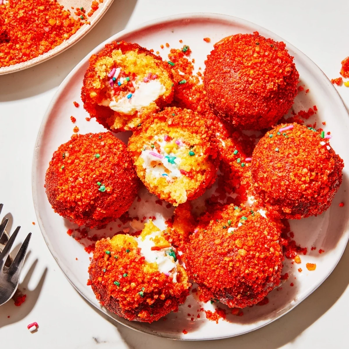 Flamin Hot Monster Cake Pancake Balls with vibrant sprinkles and spicy coating ready to enjoy.  
