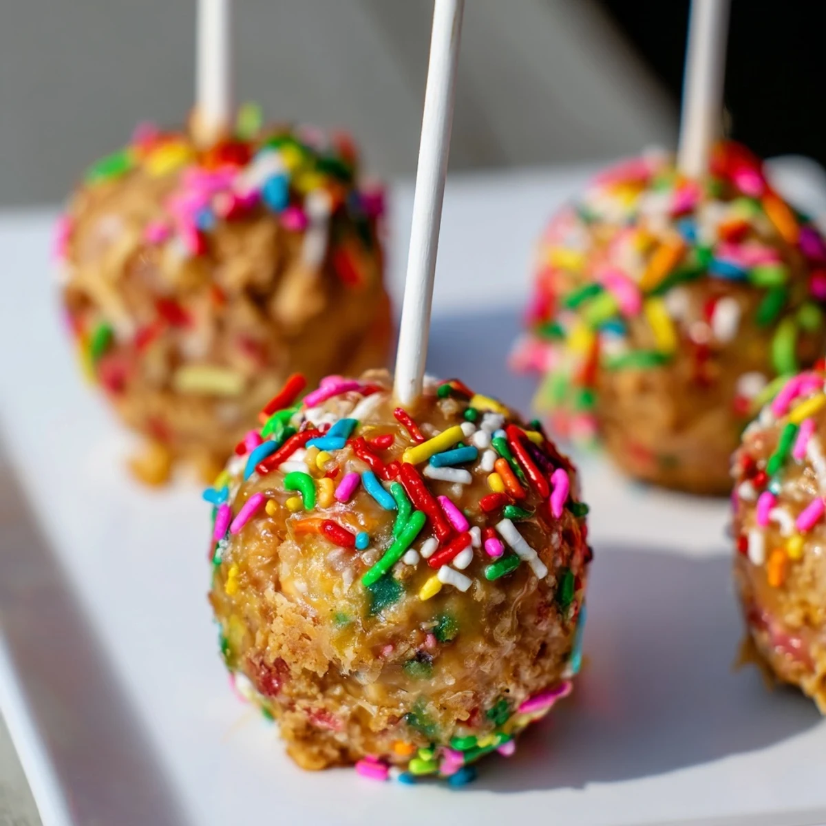 Caramel Apple Cheddar Birthday Cake Pops drizzled with gooey caramel and colorful sprinkles.  