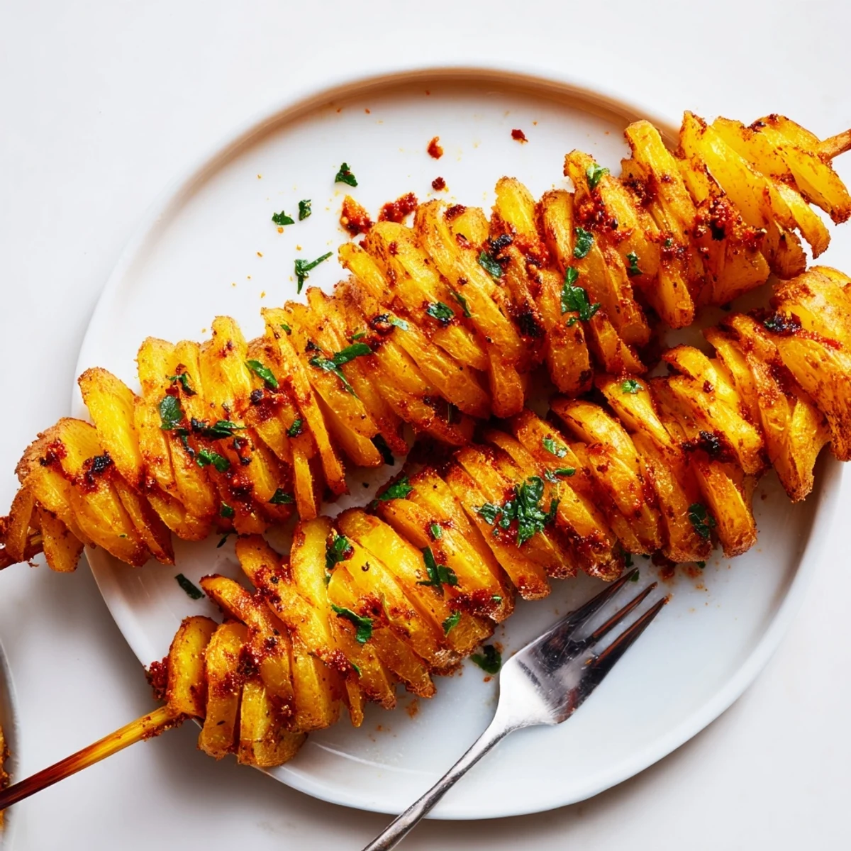 Crispy Air-Fryer Tornado Potatoes on skewers, drizzled with seasoning for a tasty snack.  