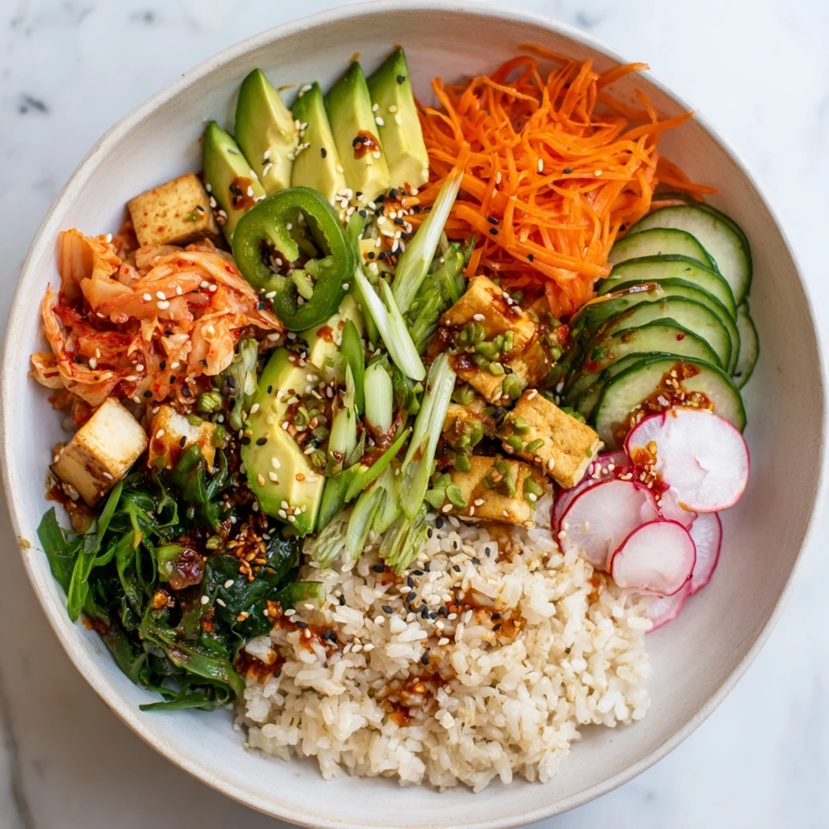 Vibrant fermented vegetable bowl with kimchi, fresh veggies, and avocado slices.  