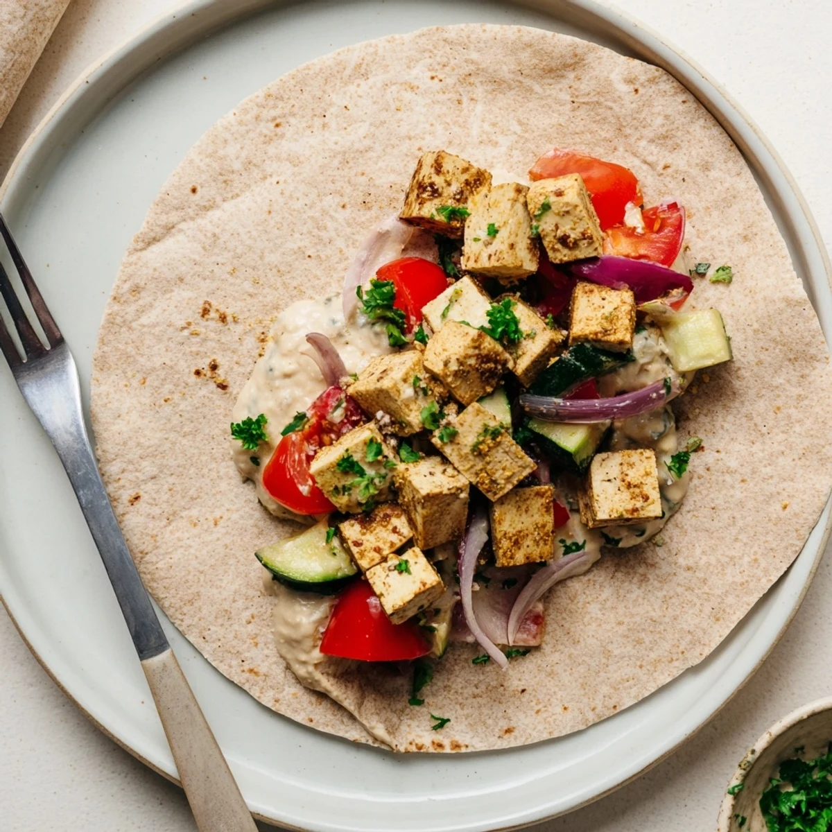 Delicious vegan viral recipe re-make, combining marinated tofu with colorful bell peppers.