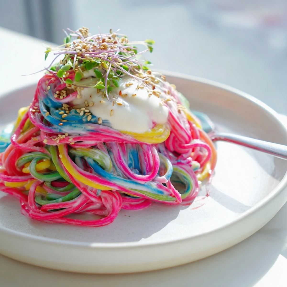 Whimsical Neon Noodle Cloud featuring silky sauce and bright noodles, sure to delight kids.  