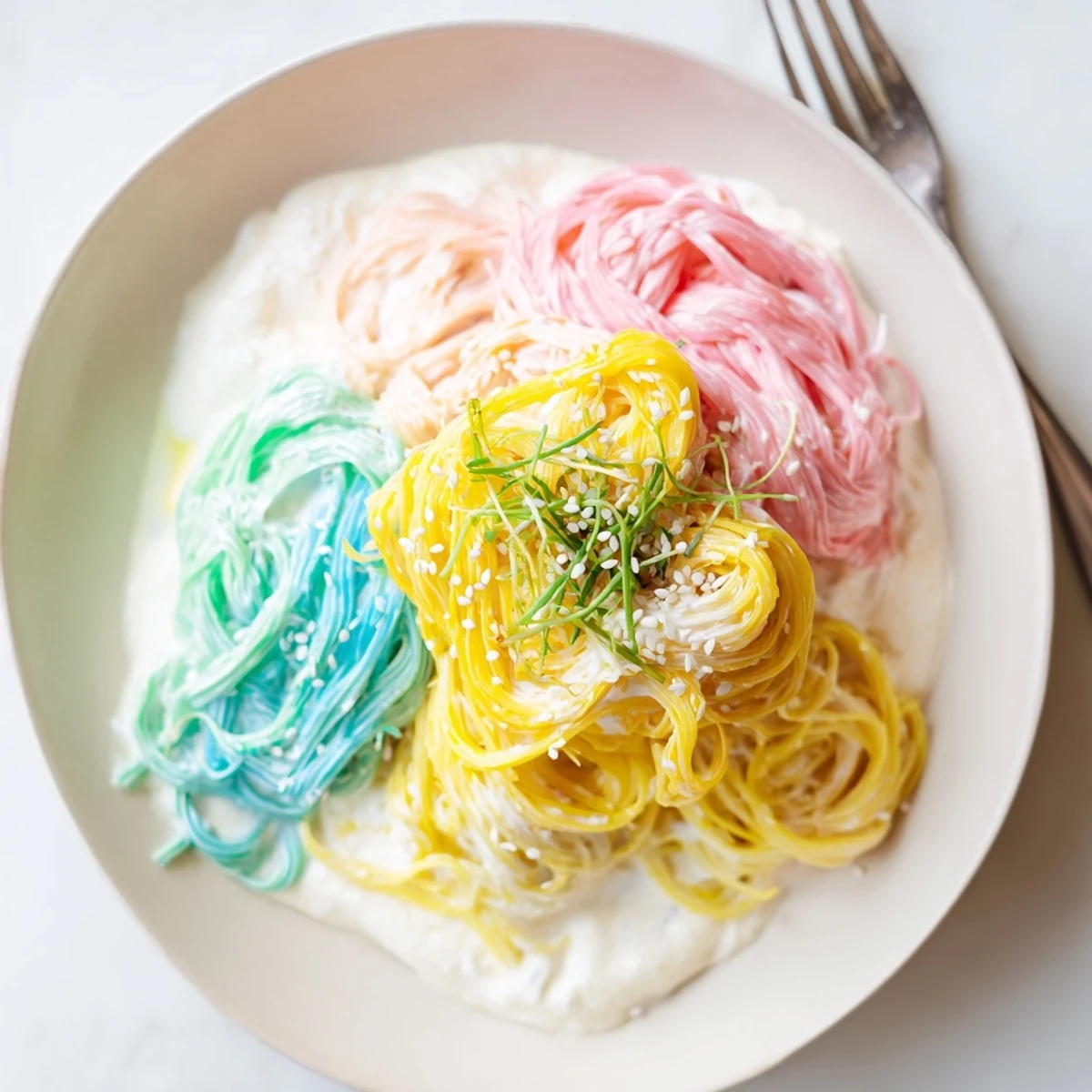 Colorful Neon Noodle Cloud served with scallions and edible flowers for a stunning presentation.