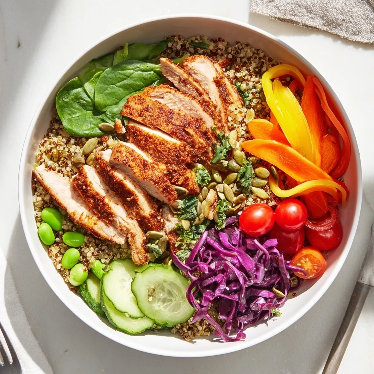 Colorful healthy meal-prep bowls filled with protein-rich chicken and vibrant veggies.  