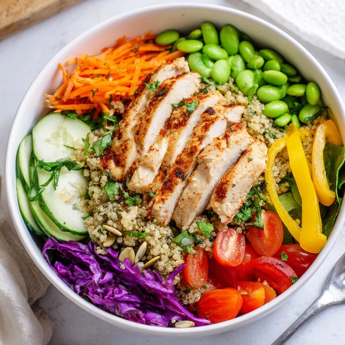 Freshly assembled healthy meal-prep bowls showcasing quinoa, grilled chicken, and crunchy vegetables.  