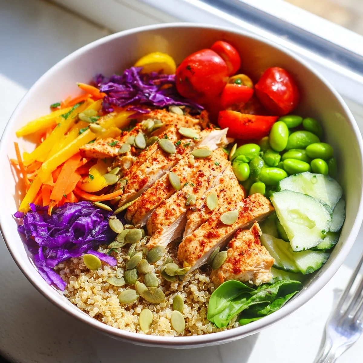 Nutrient-dense healthy meal-prep bowls topped with zesty dressing and toasted pumpkin seeds.