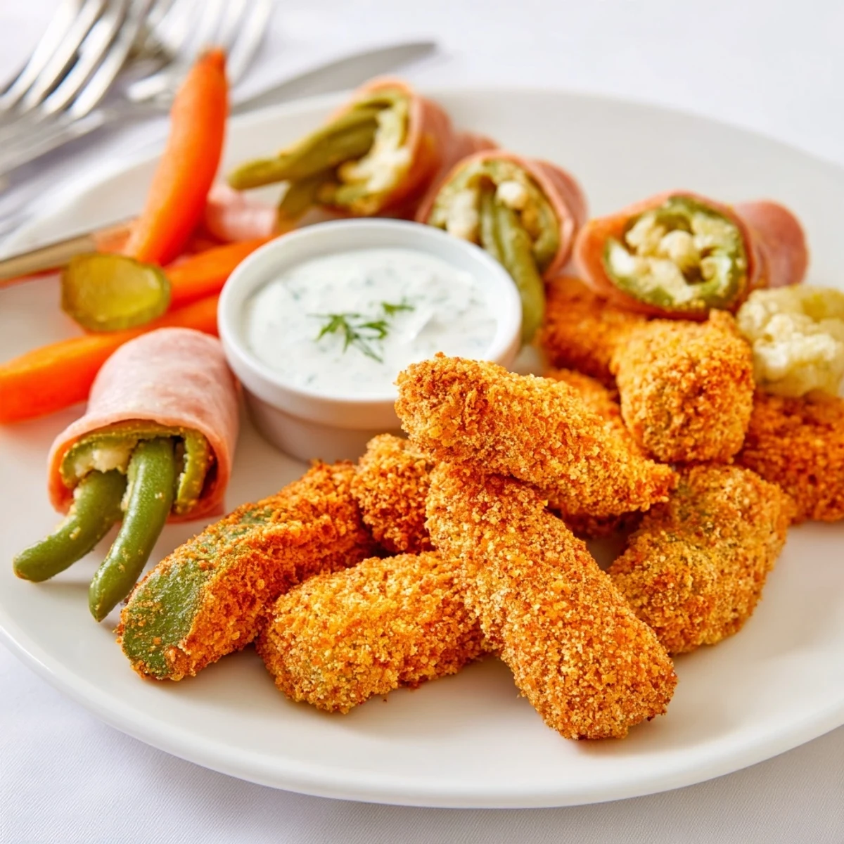 Crispy fried pickles stacked high on a platter for the Pickle Lovers Meal.