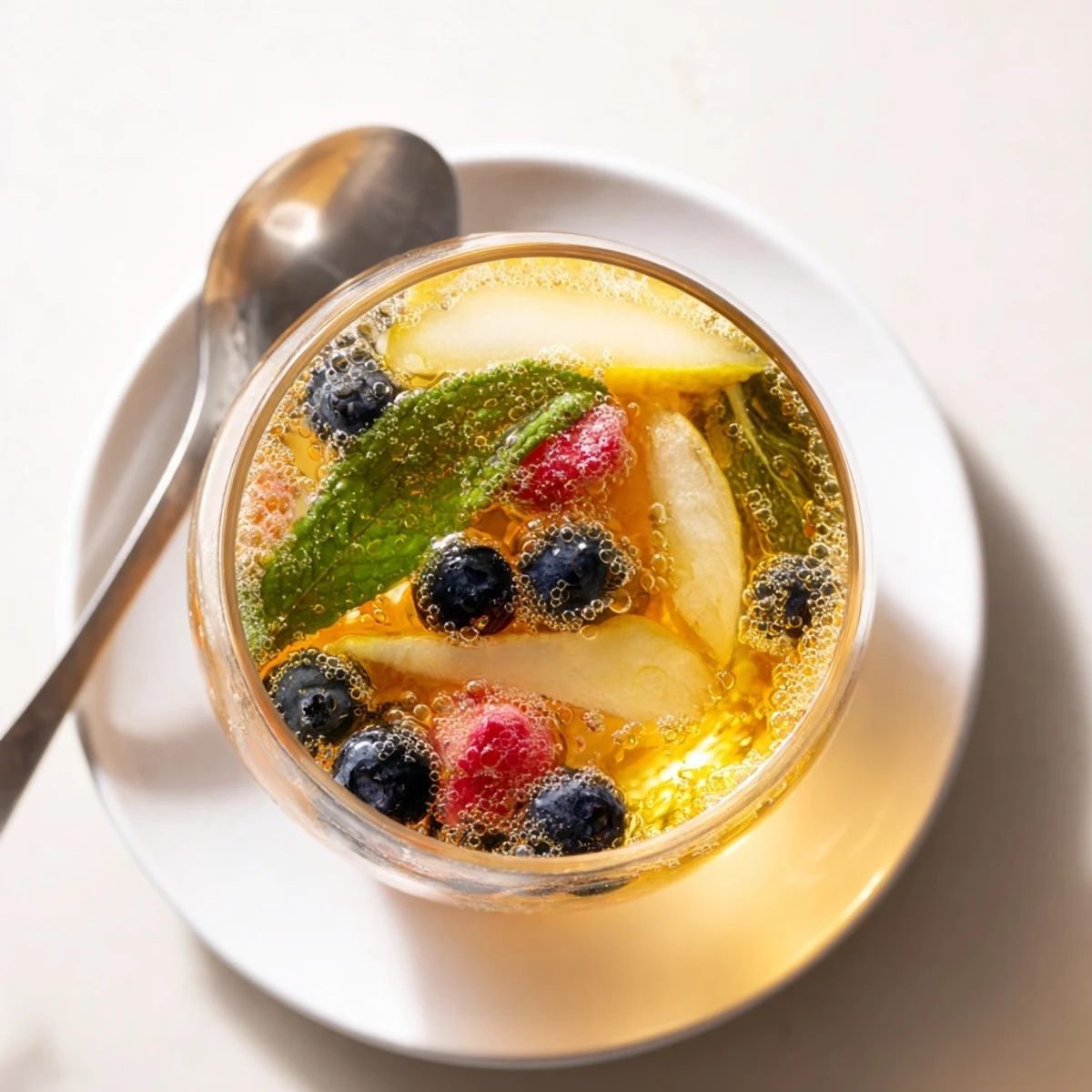 Refreshing kombucha-style home-brew mocktails served over ice with mint garnish.  