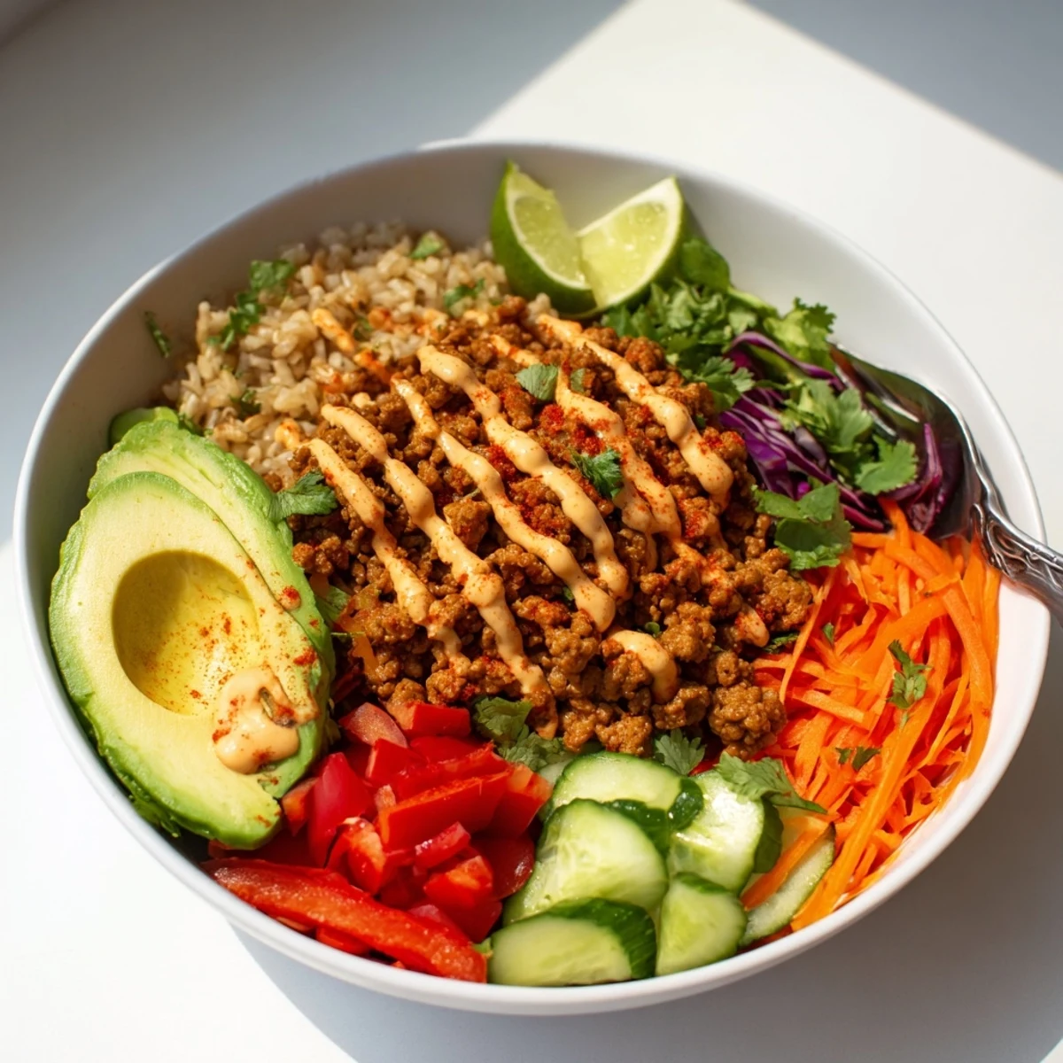 Satisfying Plant-Based Meat Bowl filled with quinoa, avocado, and vibrant toppings.