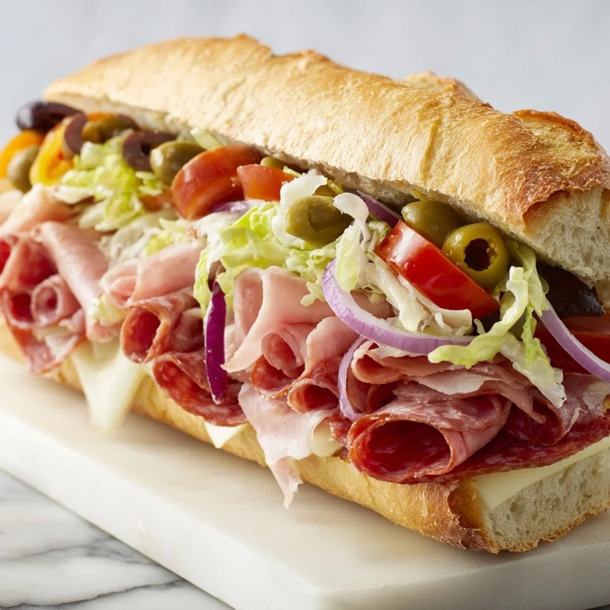 Savory Flavor Mash-Up Sandwiches featuring layers of cheese, meats, and crunchy vegetables.