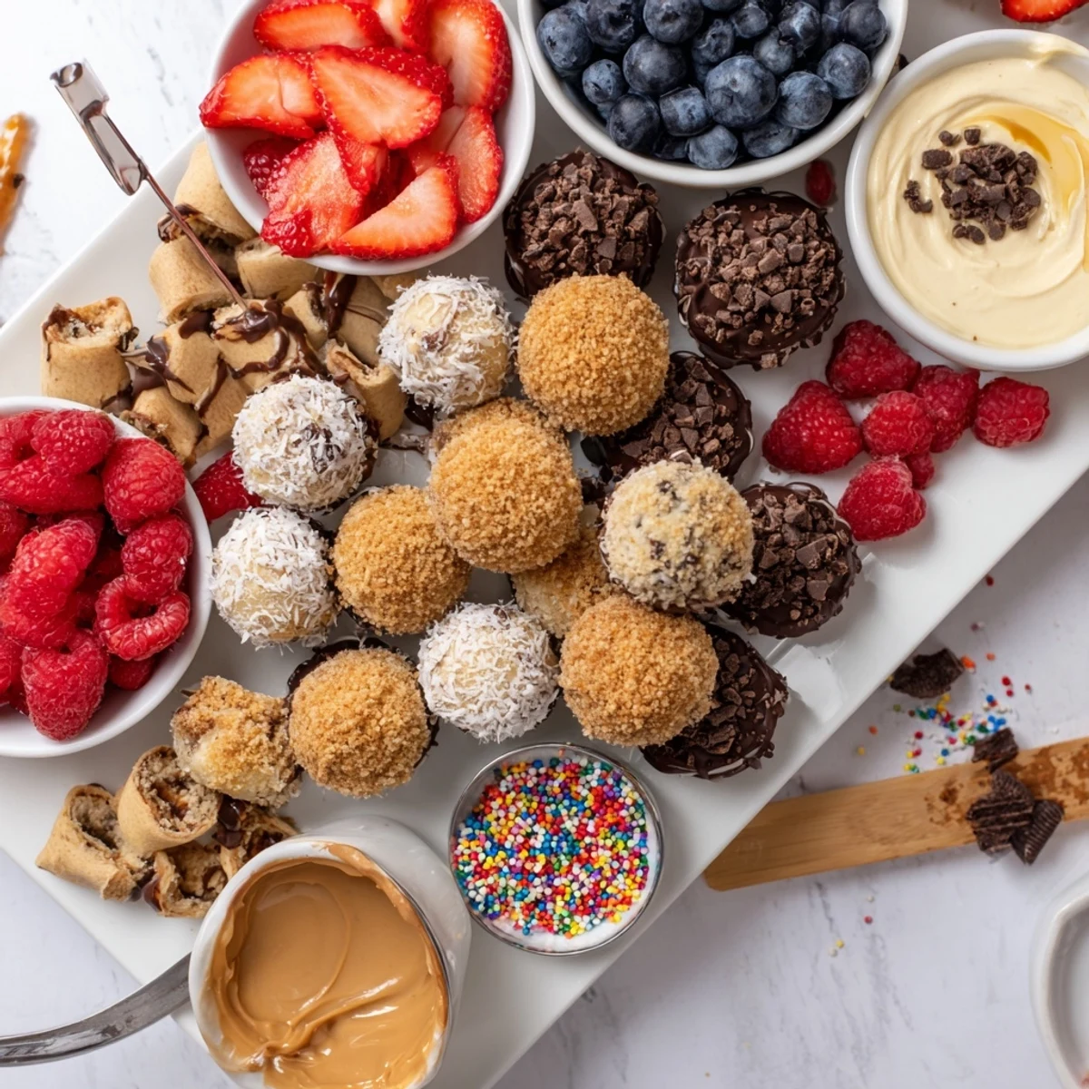 Decadent deconstructed dessert board showcasing cheesecake bites with vibrant fresh toppings.  