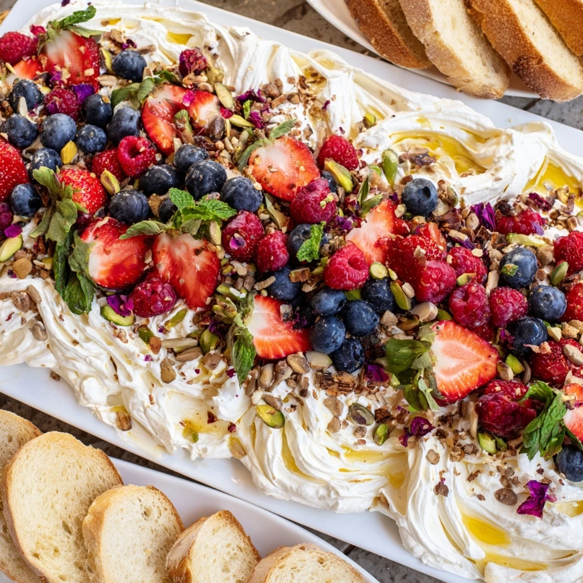 A vibrant Butter Board Dessert version topped with fresh berries and chocolate chips.  