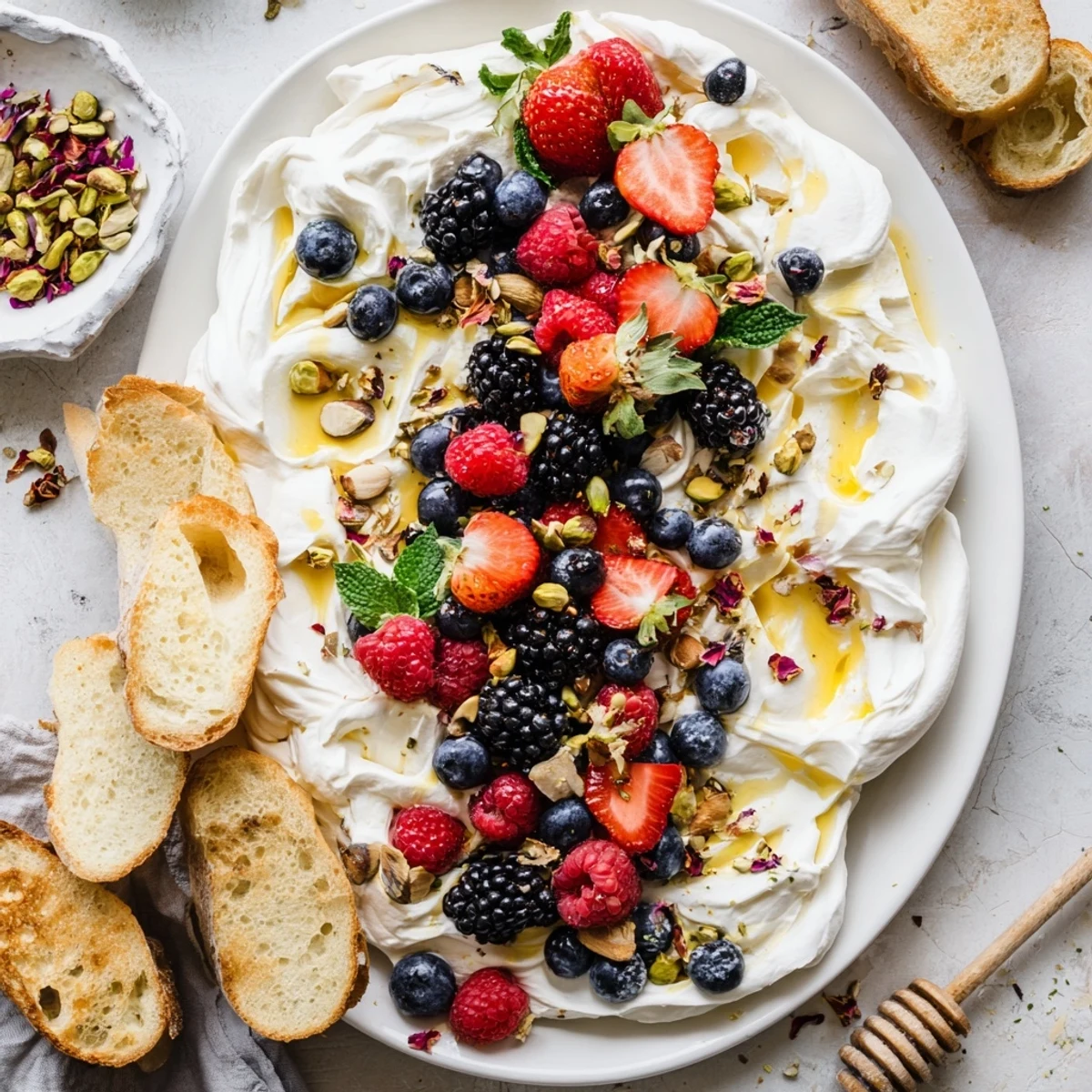 Colorful, shareable Butter Board Dessert with berries, nuts, and a honey drizzle for sweetness.